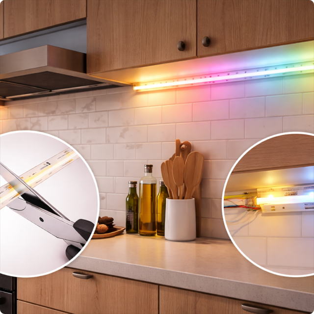 EvokLiving LED strip light mounted on a wall, showcasing flexible, color-changing lighting for home decor and ambiance.