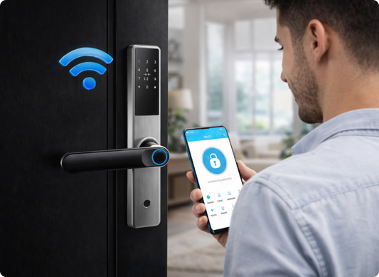 EvokLiving Smart Door Lock T250 with fingerprint scanner and PIN keypad, showing the sleek black lock device on a door.