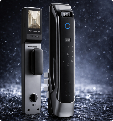 EvokLiving Smart Door Lock T300 with keypad, fingerprint scanner, and face detection features, showing lock interface and biometric sensors.