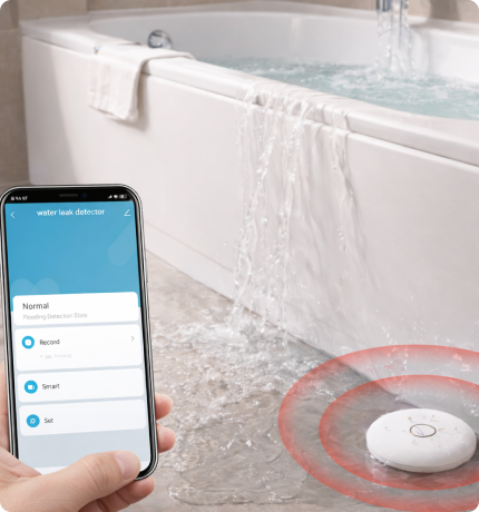 EvokLiving water leak sensor pair showing sensors with alert indicators and installation clips for detecting leaks.