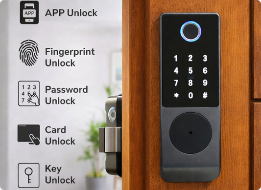 EvokLiving Smart Door Lock T200 with fingerprint scanner and PIN pad, featuring sleek design and secure locking mechanism.