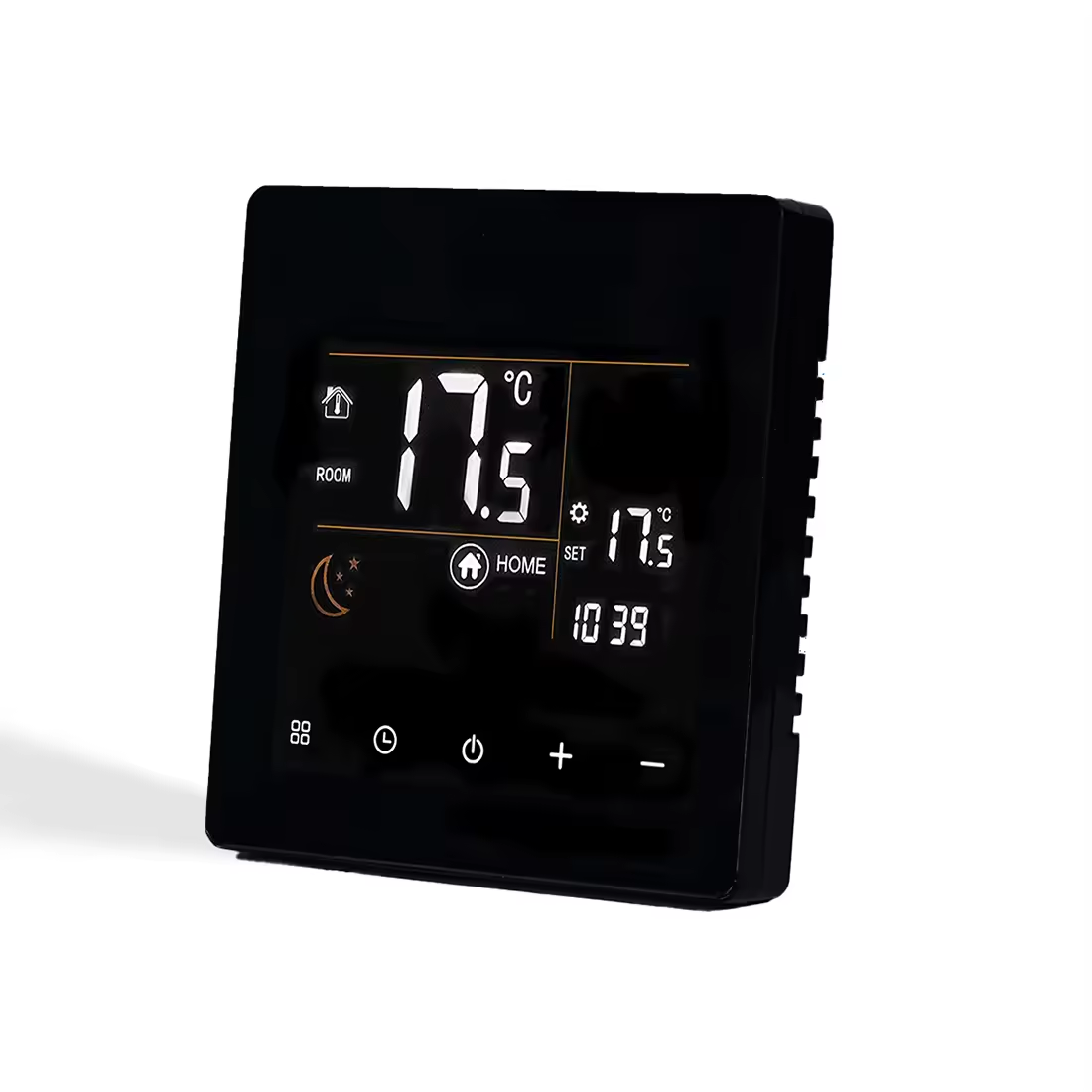 EvokLiving Smart Thermostat Hub showing digital display with temperature controls and Wi-Fi connectivity.