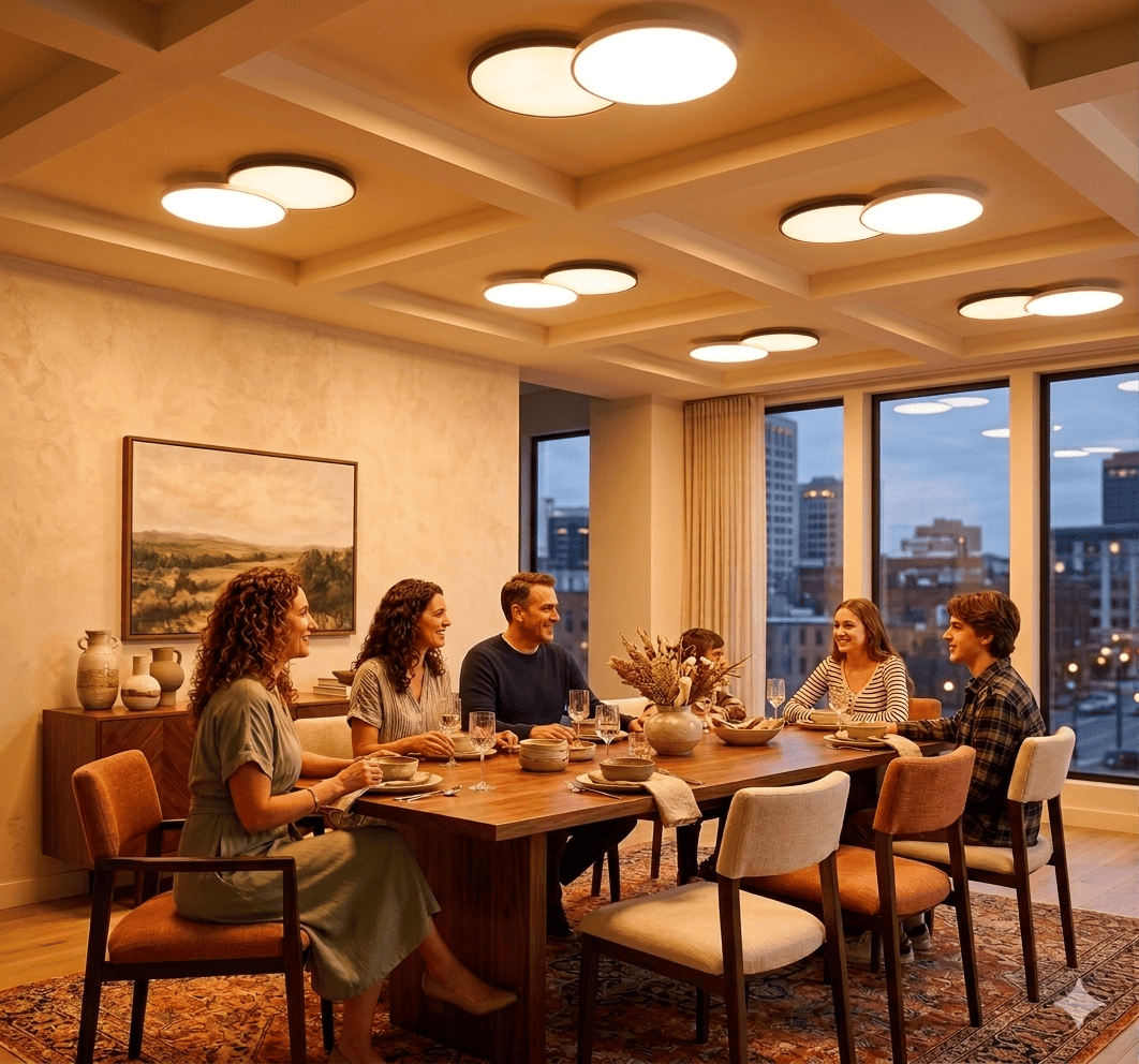 Pair of EvokLiving smart ceiling lights mounted on a modern ceiling, featuring sleek designs and integrated smart controls.