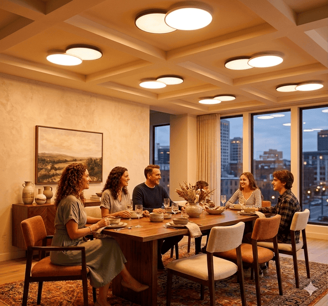 Pair of EvokLiving smart ceiling lights mounted on a modern ceiling, featuring sleek designs and integrated smart controls.