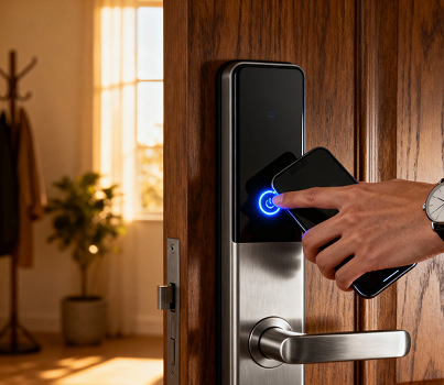 Hand using smartphone app to unlock keyless smart door lock with digital touchscreen keypad for home security