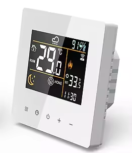 EvokLiving Smart Thermostat Hub showing digital display with temperature controls and sleek design for home automation.