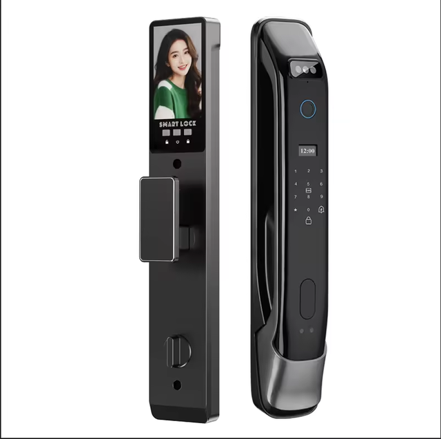EvokLiving Smart Door Lock T300 with fingerprint, PIN, and face detection, showing keypad and biometric scanner on a modern door