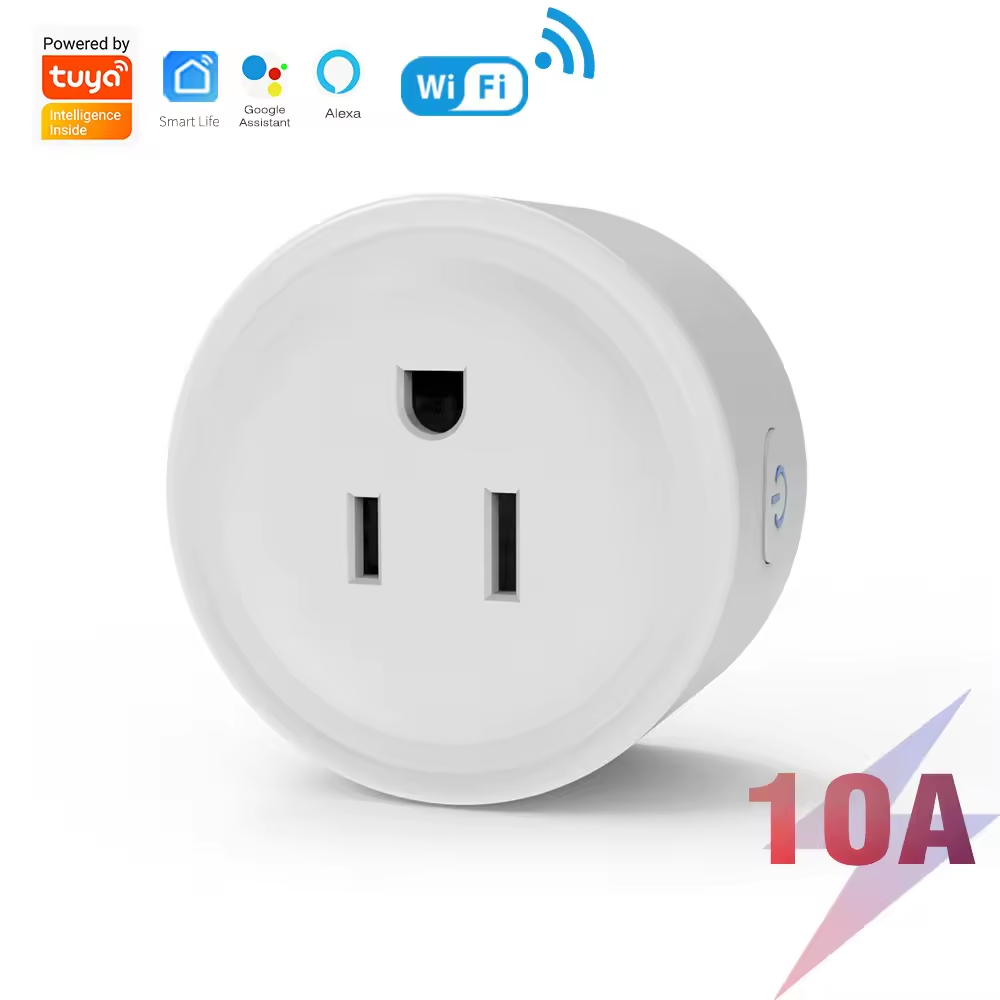 EvokLiving Smart Plug US Version connected to a power outlet, featuring a compact design with Wi-Fi connectivity for smart home control.