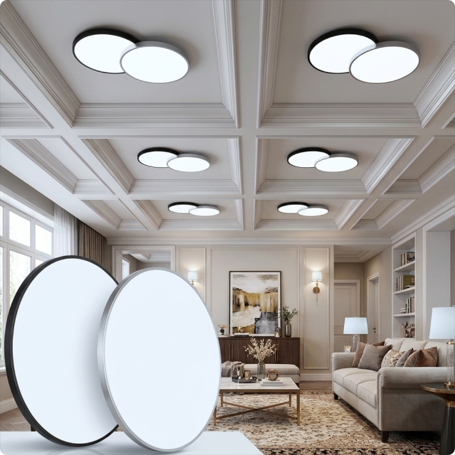 Pair of EvokLiving smart ceiling lights with modern design, installed on a ceiling, showcasing adjustable LED lighting.