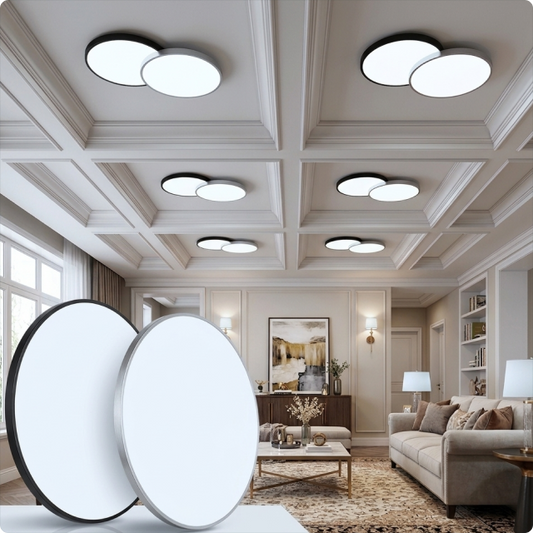 Pair of EvokLiving smart ceiling lights with modern design, installed on a ceiling, showcasing adjustable LED lighting.