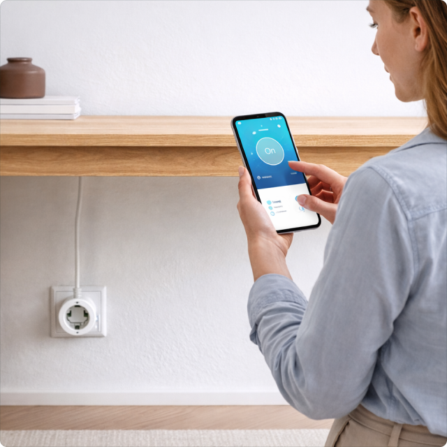 EvokLiving smart plug EU/UK version plugged into a socket, showcasing compact design and connectivity features.