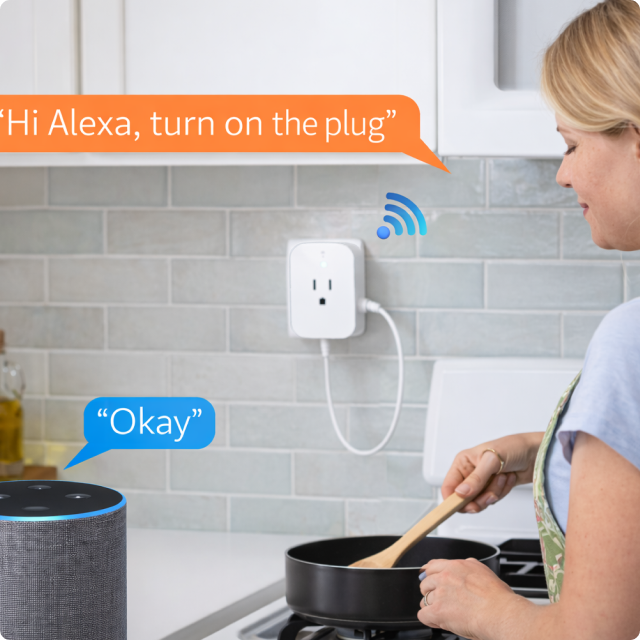 EvokLiving US smart plug plugged into electrical outlet, compact design, and connected to a smartphone app for remote control.