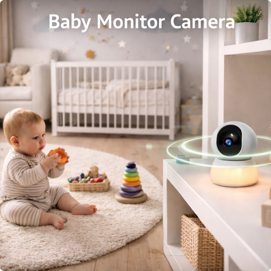 Wireless indoor baby monitor camera by EvokLiving showing a compact device with a lens and control buttons for monitoring a baby's room.