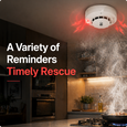EvokLiving smoke detector mounted on ceiling, modern safety device with alarm and sensor for smoke detection and fire prevention.