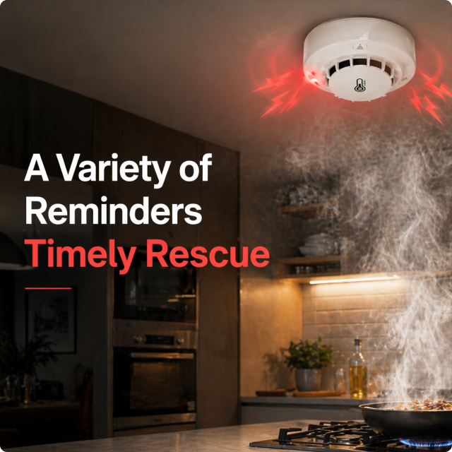 EvokLiving smoke detector mounted on ceiling, modern safety device with alarm and sensor for smoke detection and fire prevention.