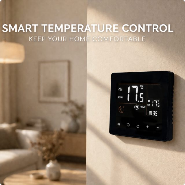 EvokLiving smart thermostat hub with digital display showing temperature controls and connectivity features.