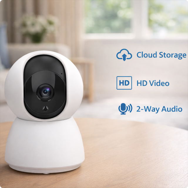 EvokLiving mini indoor camera with 3MP resolution showing a sleek, compact design suitable for home security.
