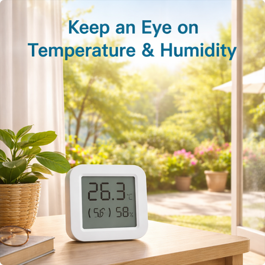 EvokLiving climate sensor showing digital display with temperature and humidity readings in a modern home setting