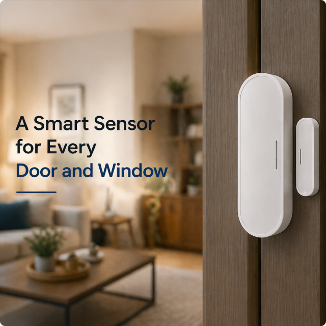 EvokLiving door and window sensor mounted on a white door frame, showing sensor and magnetic strip for security monitoring.