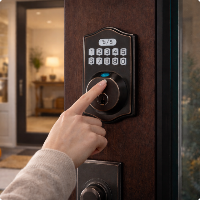 EvokLiving Smart Door Lock T100 with pin keypad, close-up of the black lock with numeric keypad and sleek design