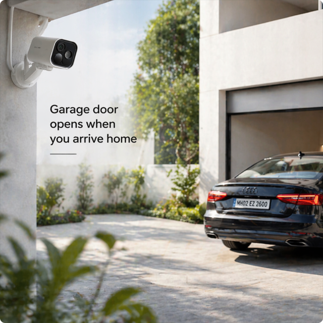EvokLiving smart outdoor camera with AI face detection, showing a sleek black security camera mounted outdoors for home surveillance.
