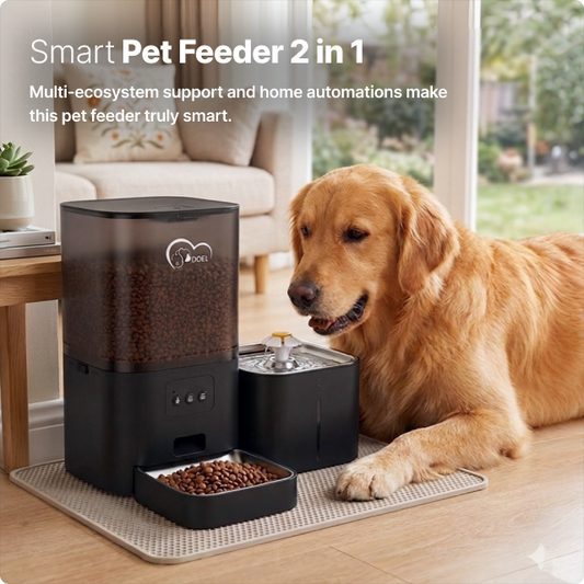 EvokLiving smart pet feeder with digital control panel and food storage hopper, designed for automated pet feeding.