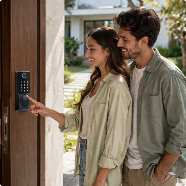 EvokLiving Smart Door Lock T200 with PIN and fingerprint detection mounted on a modern door for secure home access.