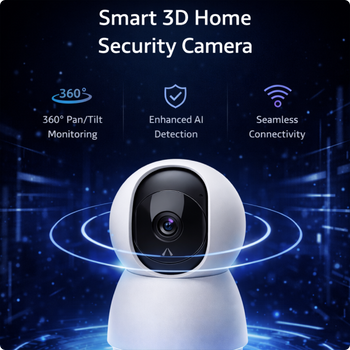 Indoor 360-degree camera by EvokLiving with 4 MP resolution, showing the camera lens and sleek black design.