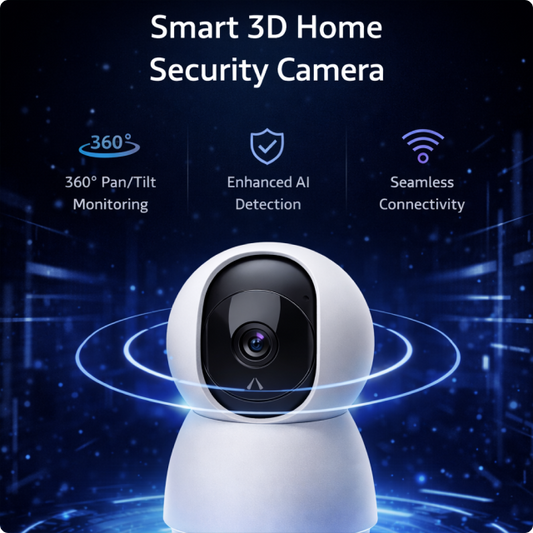 Indoor 360-degree camera by EvokLiving with 4 MP resolution, showing the camera lens and sleek black design.