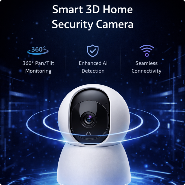 Indoor 360-degree camera by EvokLiving with 4 MP resolution, showing the camera lens and sleek black design.