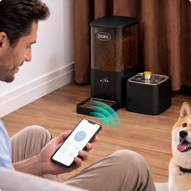 EvokLiving smart pet feeder with digital display and food dispensing tray, designed for convenient pet feeding.