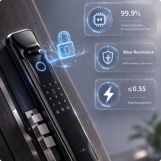 EvokLiving Smart Door Lock T300 with keypad, fingerprint scanner, and face detection on a modern door.