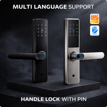 EvokLiving Smart Door Lock T250 with PIN and fingerprint detection, showing the digital keypad and fingerprint scanner on the lock.