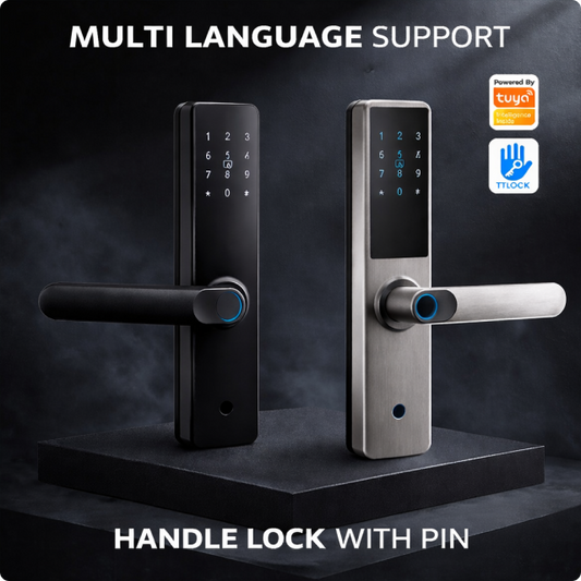 EvokLiving Smart Door Lock T250 with PIN and fingerprint detection, showing the digital keypad and fingerprint scanner on the lock.