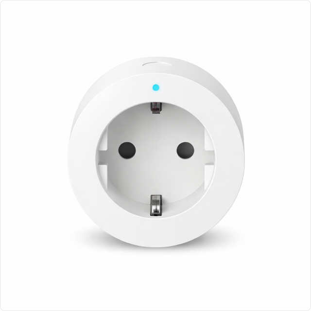 EvokLiving smart plug EU/UK version plugged into wall socket, compact design, showcasing its modern, user-friendly appearance.