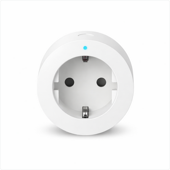 EvokLiving smart plug EU/UK version plugged into wall socket, compact design, showcasing its modern, user-friendly appearance.
