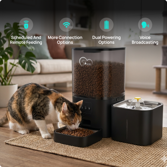 EvokLiving smart pet feeder with digital display, automatic food dispensing, and sleek design for convenient pet feeding.