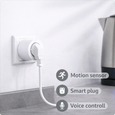 EvokLiving smart plug EU/UK version plugged into wall socket, showing compact design and control switch for home automation.