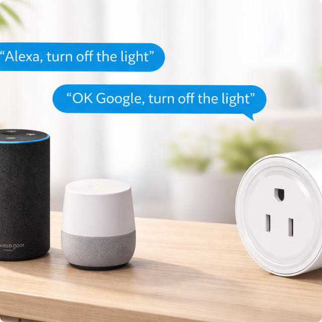 EvokLiving US smart plug plugged into outlet, compact design with on/off button and indicator light for home automation.