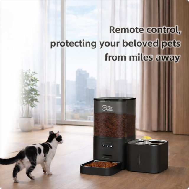 EvokLiving smart pet feeder with digital display and food tray, designed for automatic pet feeding management.