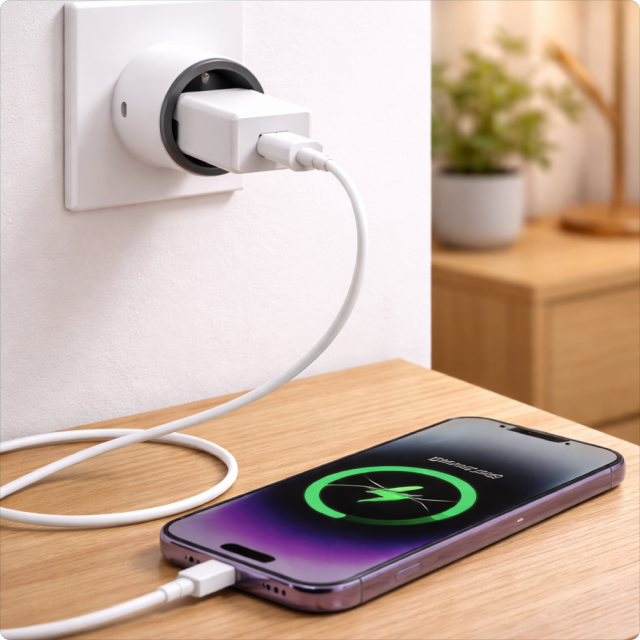 EvokLiving smart plug EU/UK version plugged into wall socket, compact design for home automation.