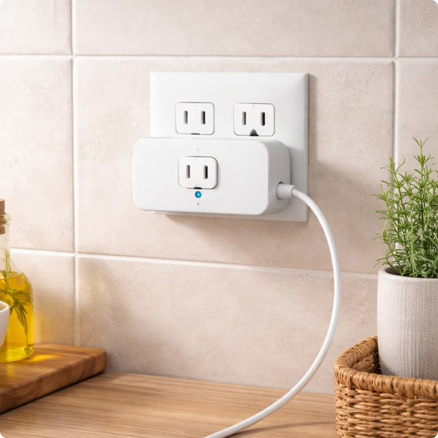 EvokLiving smart plug US version plugged into wall socket, compact design for remote control of connected devices