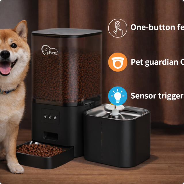 EvokLiving Smart Pet Feeder showing digital control panel and food dispensing tray for automatic pet feeding.