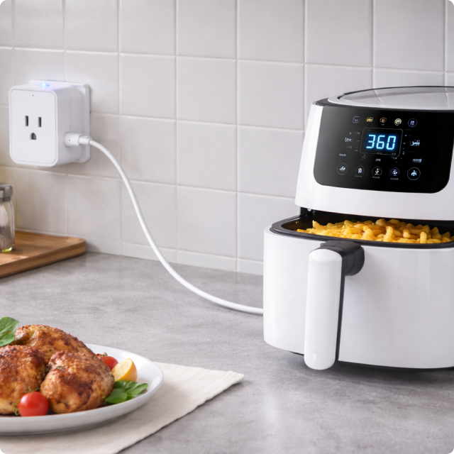 EvokLiving Smart Plug US version plugged into wall outlet, compact design, with connected device indicator light.