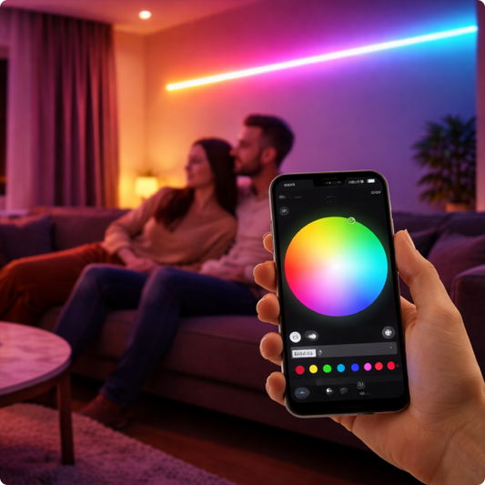 EvokLiving LED strip light showing flexible white and color options, mounted on wall for ambient lighting.