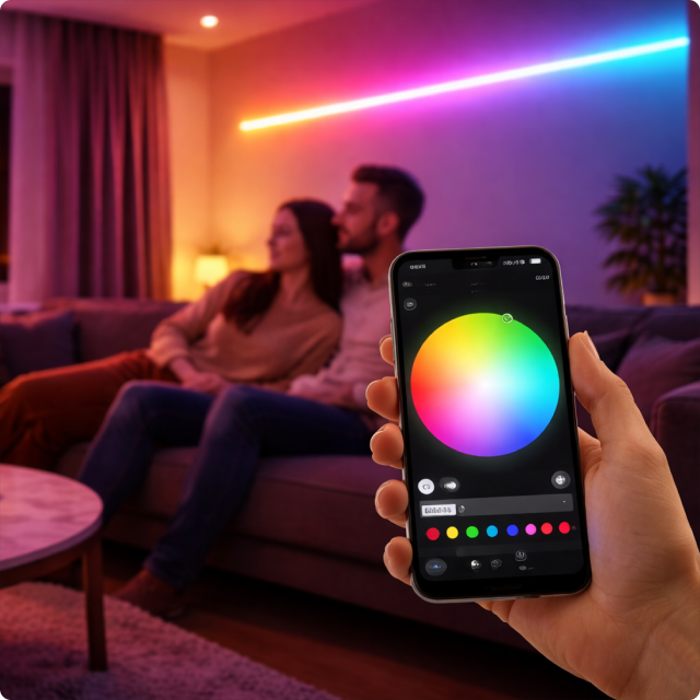 EvokLiving LED strip light showing flexible white and color options, mounted on wall for ambient lighting.