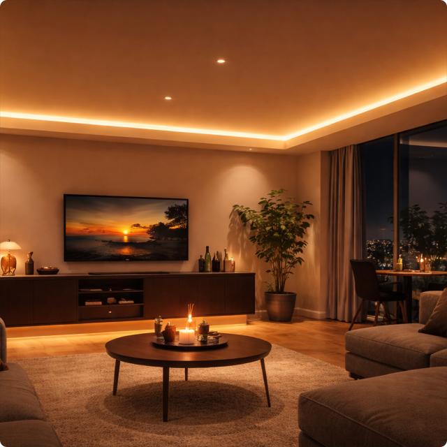 EvokLiving LED strip light showing flexible, colorful lighting strip illuminated against a dark background