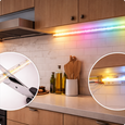 EvokLiving LED strip light mounted on a wall, showcasing flexible, color-changing lighting for home decor and ambiance.