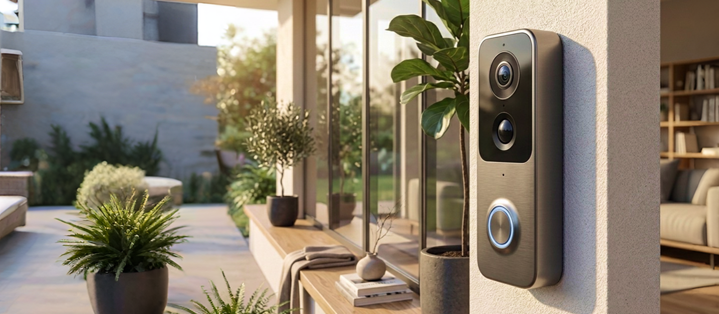 Smart video doorbell with camera mounted on modern home exterior wall for wireless home security and front door monitoring