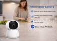 EvokLiving indoor 360-degree camera with 4 MP resolution, showing a modern security camera mounted on a wall.